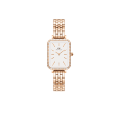 Daniel Wellington Quadro Lumine Bezel 5-Link Melroseの正面画像です。四辺をクリスタルベゼルで囲んだスクエアケースに、ホワイトダイヤルとローズゴールドのバーインデックスを配し、ポリッシュ仕上げの5リンクブレスレットが連なる女性向け腕時計です。