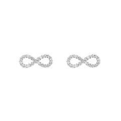 ダニエルウェリントン Mirelle Infinity Earringsのシルバースタッドピアス。インフィニティモチーフの曲線に沿ってホワイトキュービックジルコニアがセットされた、左右ペアの正面画像です。