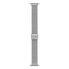Apple Watch用Daniel Wellingtonスマートウォッチストラップ Mesh Silverの単体画像です。ストラップ全体を縦に伸ばした状態で、均一に編み込まれたシルバーメッシュの質感と、両端のApple Watch接続用ラグ、中央のロゴ入りクラスプがはっきりと確認できます。
