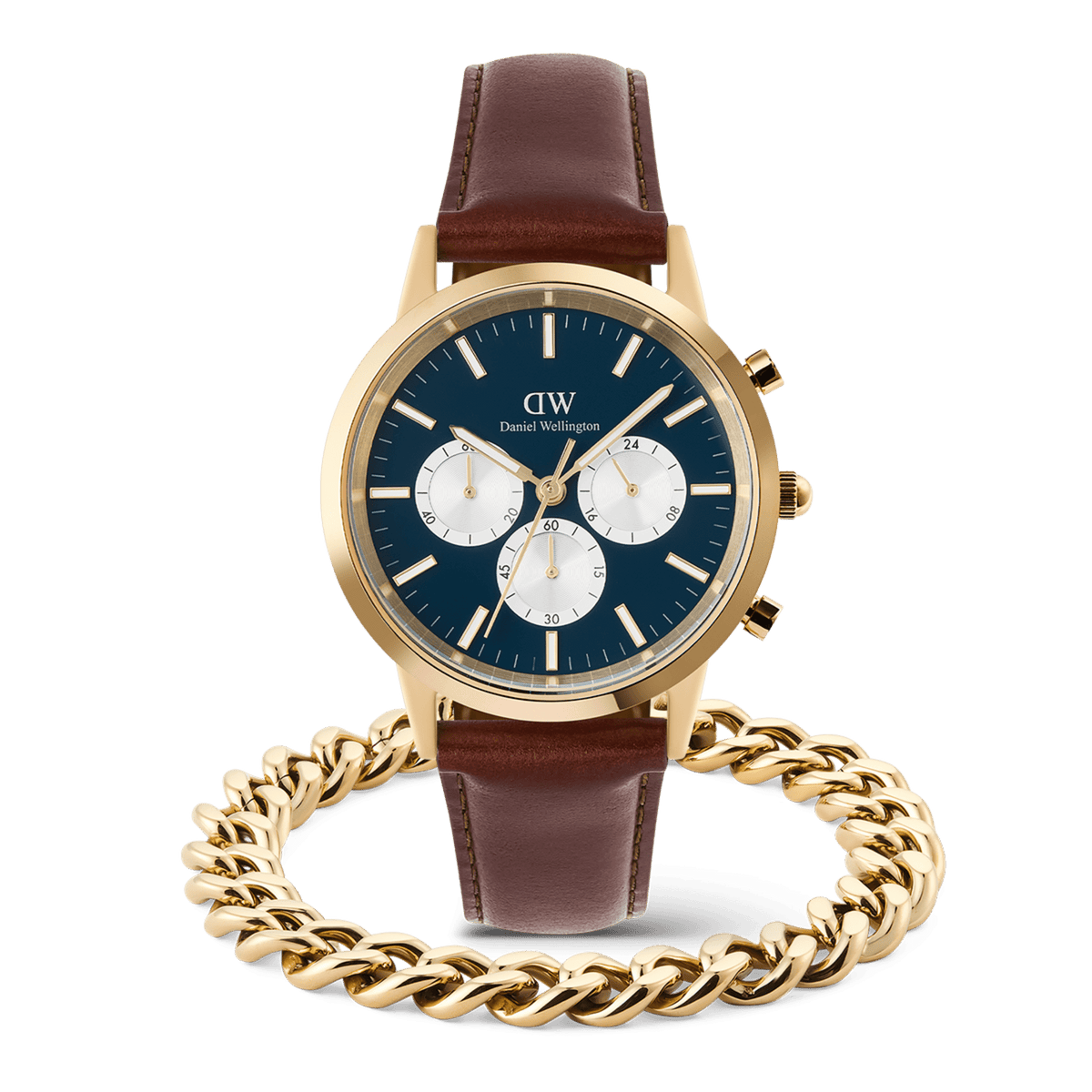 ブルーダイヤルとホワイトサブダイヤルが特徴のIconic Chronograph Pandaと、ゴールドのEllipse Cuban Chain Braceletを正面から撮影したセット全体の画像です。ブラウンレザーストラップの腕時計の手前にキューバンチェーンブレスレットを重ね、ゴールドトーンの統一感を演出しています。