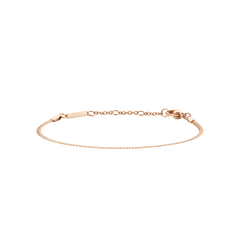Daniel WellingtonのFlat Chain Bracelet ローズゴールド全体像。フラットに編み込まれた細身のチェーンと、アジャスター付きのクラスプ、ブランドロゴが刻印されたプレートが確認できます。