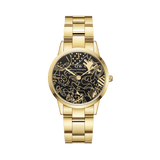 Steven Harrington x Daniel Wellington コラボレーション限定モデルのIconic Link デュアルトーンゴールド。ブラックの文字盤にヤシの木やキャラクターなどのゴールドラインアートが描かれ、サテンとポリッシュ仕上げの3リンクゴールドブレスレットをあしらったデザインです。