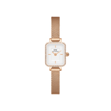 Daniel Wellington Quadro Mini Lumine Bezelの全体像。クリスタルベゼルが施されたローズゴールドのスクエアケースに、ホワイトダイヤルとローズゴールドのメッシュストラップを組み合わせた、コンパクトな女性向け腕時計です。