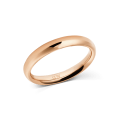 Arch Ring Rose Gold 3.5mmを斜めから捉えたプロダクト画像です。丸みを帯びたアーチ状の断面と、光を受けて柔らかく輝くローズゴールドの質感が際立ちます。外側には控えめにDaniel Wellingtonのロゴが刻印されています。