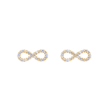 ダニエルウェリントン Mirelle Infinity Earrings Goldの正面プロダクトショットです。ホワイトキュービックジルコニアが爪留めされたインフィニティモチーフのゴールドスタッドピアスが、左右一対で並んでいます。