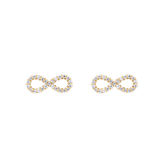 ダニエルウェリントン Mirelle Infinity Earrings Goldの正面プロダクトショットです。ホワイトキュービックジルコニアが爪留めされたインフィニティモチーフのゴールドスタッドピアスが、左右一対で並んでいます。