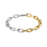 ダニエルウェリントンのContrast Link Braceletを単体で撮影したツートーンゴールドの写真です。シルバーとイエローゴールドのポリッシュ仕上げリンクがハーフ＆ハーフに連なり、白い背景の上で二つのトーンのコントラストが際立っています。