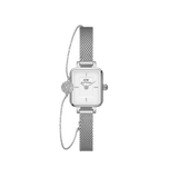 Daniel Wellington Quadro Miniのシルバーメッシュバンド腕時計と、パヴェクリスタルの球体モチーフが輝くシルバーチェーンペンダントブレスレットのセットです。ホワイトダイヤルのレクタンギュラーケースと繊細なブレスレットの組み合わせで、重ね付けスタイルをお楽しみいただけます。