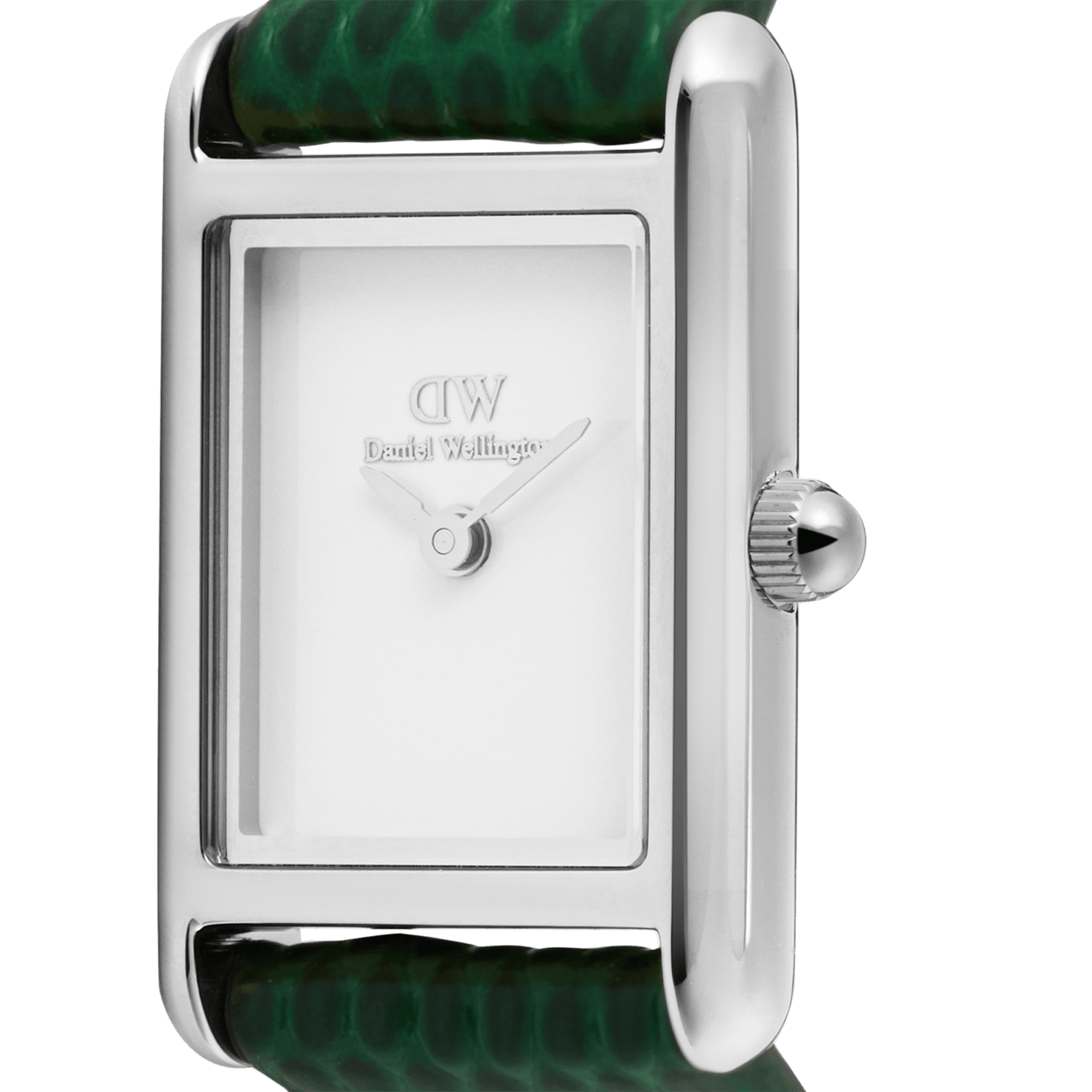 Bound Mini Green Lizard Silverの文字盤とケースをクローズアップした画像です。シルバーのレクタンギュラーケースは段差のあるデザインで、ホワイト文字盤にはシンプルな二針が配されています。グリーンのリザード型レザーストラップの質感もご確認いただけます。