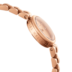 Elan Lumine Unitone Rose Goldのサイドビューです。ケース側面にはDaniel Wellingtonのブランドロゴが刻印されており、丸みを帯びた3リンクストラップとの滑らかなつながりがご覧いただけます。