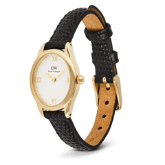 Ophelia Mini Black Lizard White Guilloché Goldを横から捉えた製品画像です。ゴールドのピンバックルとブラックのリザード型押しレザーストラップの裏面が見え、薄型のオーバルケースとリューズのディテールが確認できます。