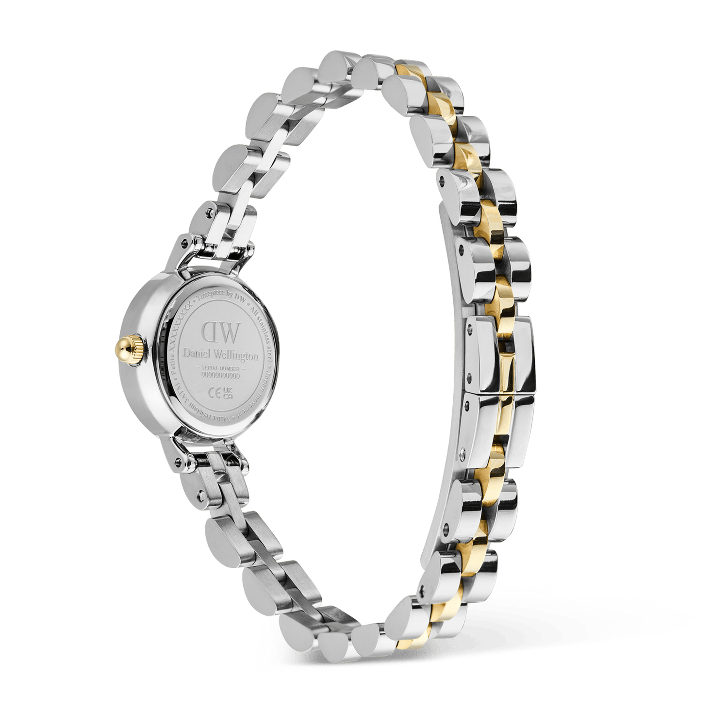 Petite Mini Arch 3-Link Two Tone Goldの裏蓋側から撮影した画像です。Daniel Wellingtonのロゴが刻印されたケースバックとゴールドのリューズ、シルバーとゴールドが交互に連なるポリッシュ仕上げの3リンクブレスレットの全体が確認できます。