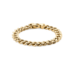 ダニエルウェリントン Ellipse Cuban Chain Braceletのゴールドカラー単体画像です。研磨されたキューバンチェーンのリンクとロブスタークラスプが確認でき、重厚感のある仕上がりが白背景に映えています。