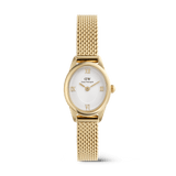 ダニエルウェリントンのOphelia Mini Mesh White Goldの正面画像です。ゴールドのポリッシュ仕上げが施された楕円形ケースに、ローマ数字のホワイト文字盤と同心円のパターンがあしらわれ、ゴールドのメッシュストラップが組み合わされています。