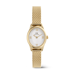 ダニエルウェリントンのOphelia Mini Mesh White Goldの正面画像です。ゴールドのポリッシュ仕上げが施された楕円形ケースに、ローマ数字のホワイト文字盤と同心円のパターンがあしらわれ、ゴールドのメッシュストラップが組み合わされています。