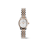 白い背景にOphelia Mini Two Tone Rose Goldを正面からやや斜めに撮影した商品画像です。ローズゴールドのベゼルに縁取られたホワイトダイヤルのオーバルケースと、シルバーとローズゴールドが交互に連なるビーンズリンクブレスレットの輝きが際立つ一枚です。