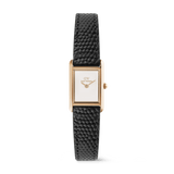 Daniel Wellington Bound Miniの全体像。ポリッシュ仕上げのローズゴールド長方形ケースに、インデックスのないホワイト文字盤とリザード型押しのブラックレザーストラップを組み合わせた、女性向けの腕時計です。