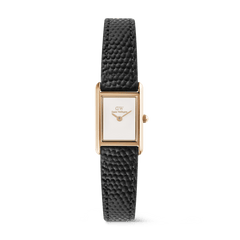 Daniel Wellington Bound Miniの全体像。ポリッシュ仕上げのローズゴールド長方形ケースに、インデックスのないホワイト文字盤とリザード型押しのブラックレザーストラップを組み合わせた、女性向けの腕時計です。