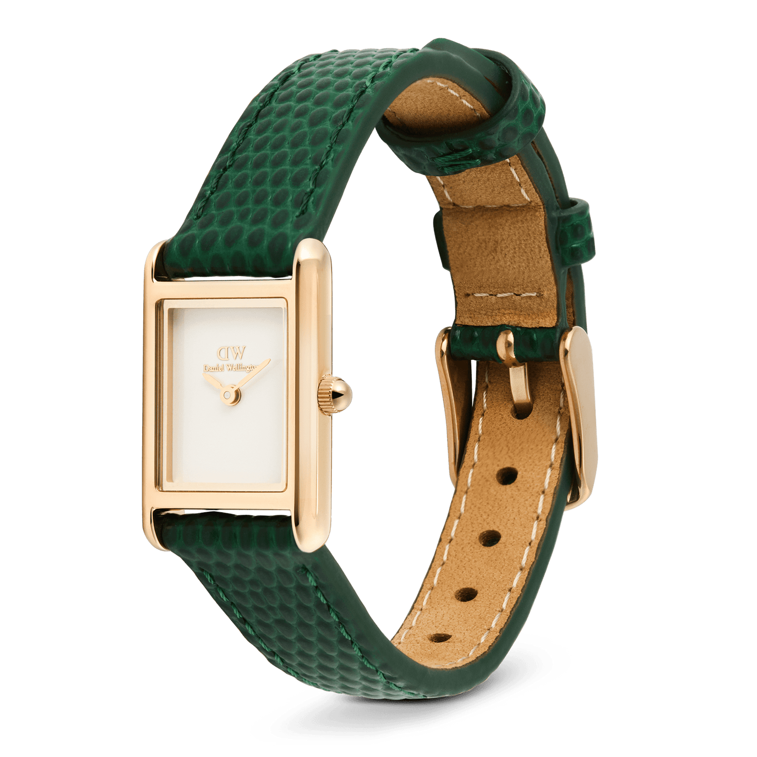 Bound Mini Green Lizard Rose Goldを斜めから撮影した全体の画像です。リザード型押しのグリーンレザーに浮かぶ鱗模様の質感や、裏面のナチュラルレザーとステッチ、ローズゴールドのピンバックルの細部までご確認いただけます。