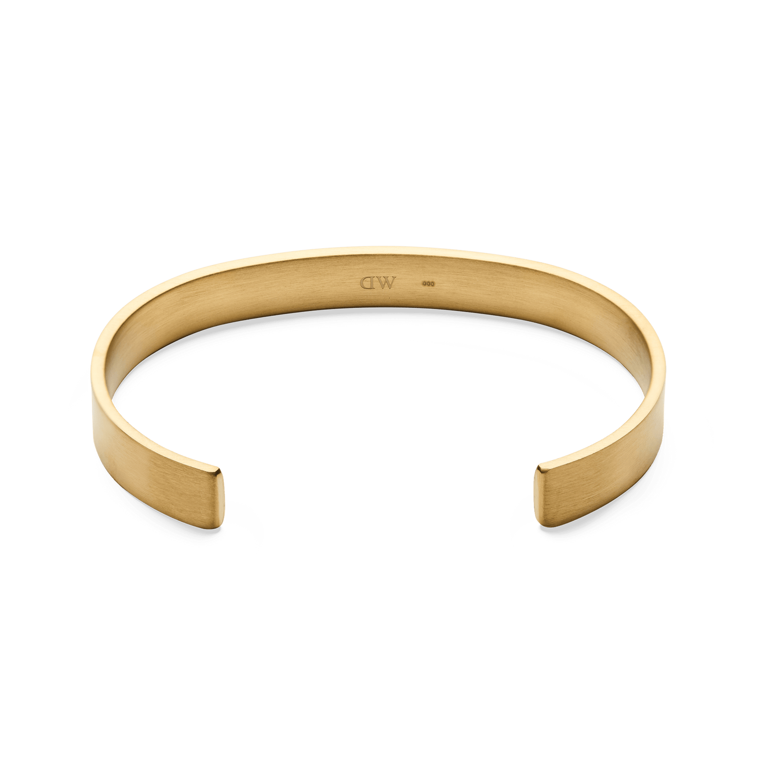 Line Cuff Brushed Goldの内側を捉えたアングルの商品画像です。バンドの内側にはDaniel Wellingtonの刻印が施され、滑らかなカーブの仕上がりがご覧いただけます。