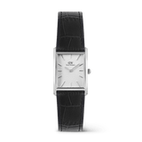 Daniel WellingtonのBound Black Crocodile Guilloché Silverです。シルバーカラーのスクエアケースに、ギョーシェ模様のホワイト文字盤とブラックのクロコダイル型押しレザーストラップを組み合わせた、上品で洗練されたデザインの腕時計です。
