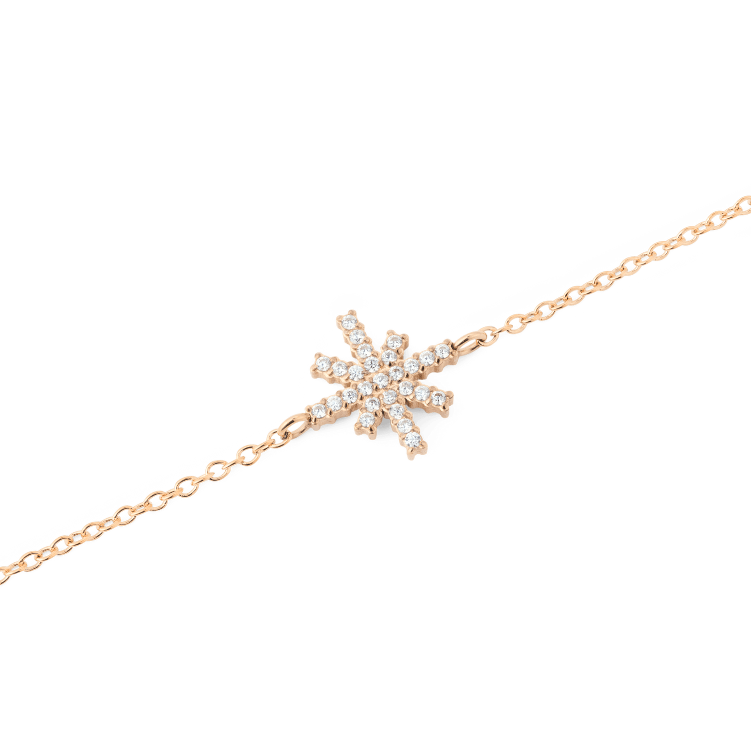Mirelle Star Bracelet Rose Goldのスターモチーフ部分をクローズアップした画像です。八方に伸びる光芒に沿ってホワイトキュービックジルコニアが爪留めされており、繊細なローズゴールドチェーンとの美しい調和が際立ちます。