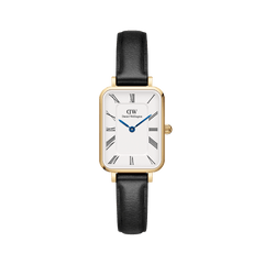 Daniel Wellington Quadro Roman Numerals Sheffieldの正面画像。ゴールドのレクタンギュラーケースにローマ数字のホワイトダイヤル、ブルースチールの針、ブラックレザーストラップを合わせた女性向け腕時計です。