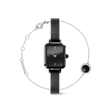 Daniel Wellington Quadro Mini ブラックメッシュストラップウォッチと、ブラッククリスタルにキュービックジルコニアのハローをあしらった Audrey Bracelet シルバーチェーンのギフトセットです。