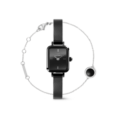 Daniel Wellington Quadro Mini ブラックメッシュストラップウォッチと、ブラッククリスタルにキュービックジルコニアのハローをあしらった Audrey Bracelet シルバーチェーンのギフトセットです。