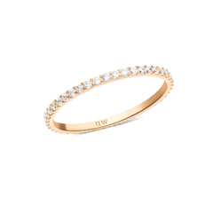 Daniel Wellington Mirelle Eternity Ring ローズゴールド 1.4mmの単体画像です。全周にホワイトキュービックジルコニアが爪留めされた細身のリングで、内側にはブランドロゴの刻印が施されています。