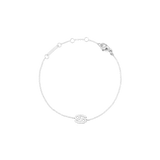 白い背景に円形に広げて置かれたCrystal Zodiac Chain Bracelet Silverの俯瞰画像です。かに座モチーフのキュービックジルコニアペンダントやアジャスターリング、ブランドロゴ入りプレートが確認できます。