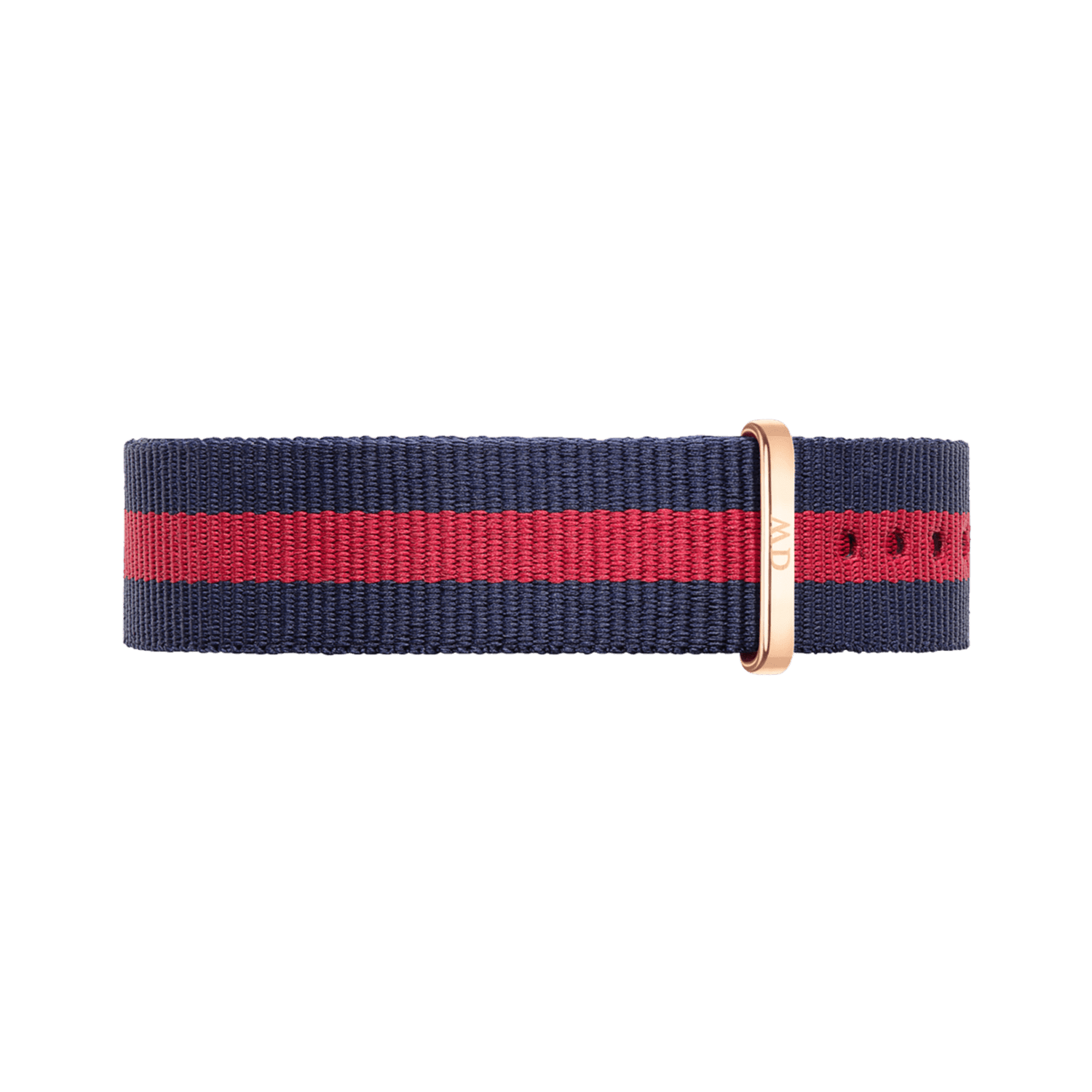 Daniel Wellington Oxford Strap Rose Goldを正面から撮影した全体画像です。ネイビーベースにレッドのセンターストライプが映える織りストラップで、ローズゴールドのキーパーとベルト穴が確認できます。