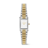 Daniel WellingtonのBound Mini 3-Link Two Tone Goldです。シルバーのセンターリンクとゴールドのサイドリンクを組み合わせた3リンクブレスレットが特徴の、ミニサイズのスクエアウォッチ。インデックスのないホワイト文字盤とシルバーの長方形ケースで、シンプルながら洗練された印象に仕上げています。