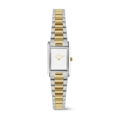 Daniel WellingtonのBound Mini 3-Link Two Tone Goldです。シルバーのセンターリンクとゴールドのサイドリンクを組み合わせた3リンクブレスレットが特徴の、ミニサイズのスクエアウォッチ。インデックスのないホワイト文字盤とシルバーの長方形ケースで、シンプルながら洗練された印象に仕上げています。