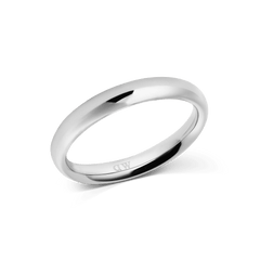 Arch Ring Silver 3.5mmを斜めから捉えた商品写真です。なめらかなアーチ型の断面とポリッシュ仕上げの輝きが際立ち、白い背景にシルバーの曲面が柔らかく光を反射しています。