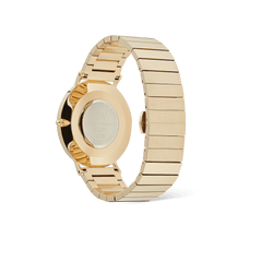 Classic Piano Link Gold Unitoneを裏蓋側から撮影した画像です。Daniel Wellingtonのロゴが刻印されたケースバックと、ブラッシュド仕上げのゴールドピアノリンクストラップの立体的な質感が確認できます。