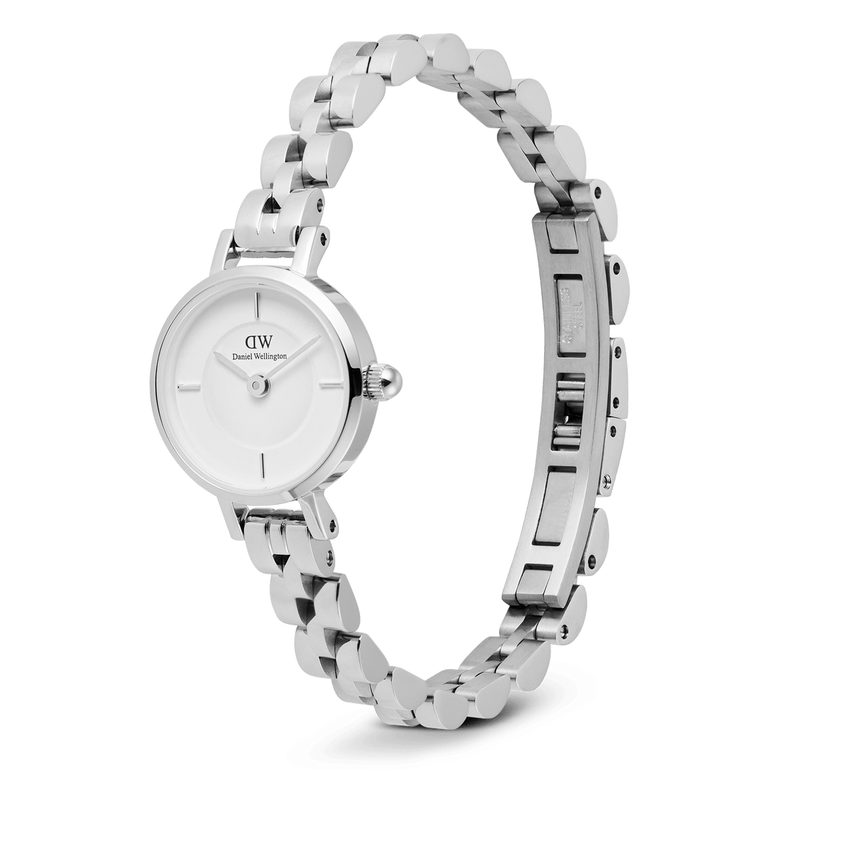 Petite Mini Arch 3-link White Silverを斜め上から撮影した全体画像です。シルバーのアーチ型3リンクブレスレットが優雅に広がり、裏側にはバタフライバックルの細部が確認できます。19mmのコンパクトなラウンドケースとホワイトダイヤルが、ブレスレットと一体となったジュエリーのような美しいシルエットを描いています。