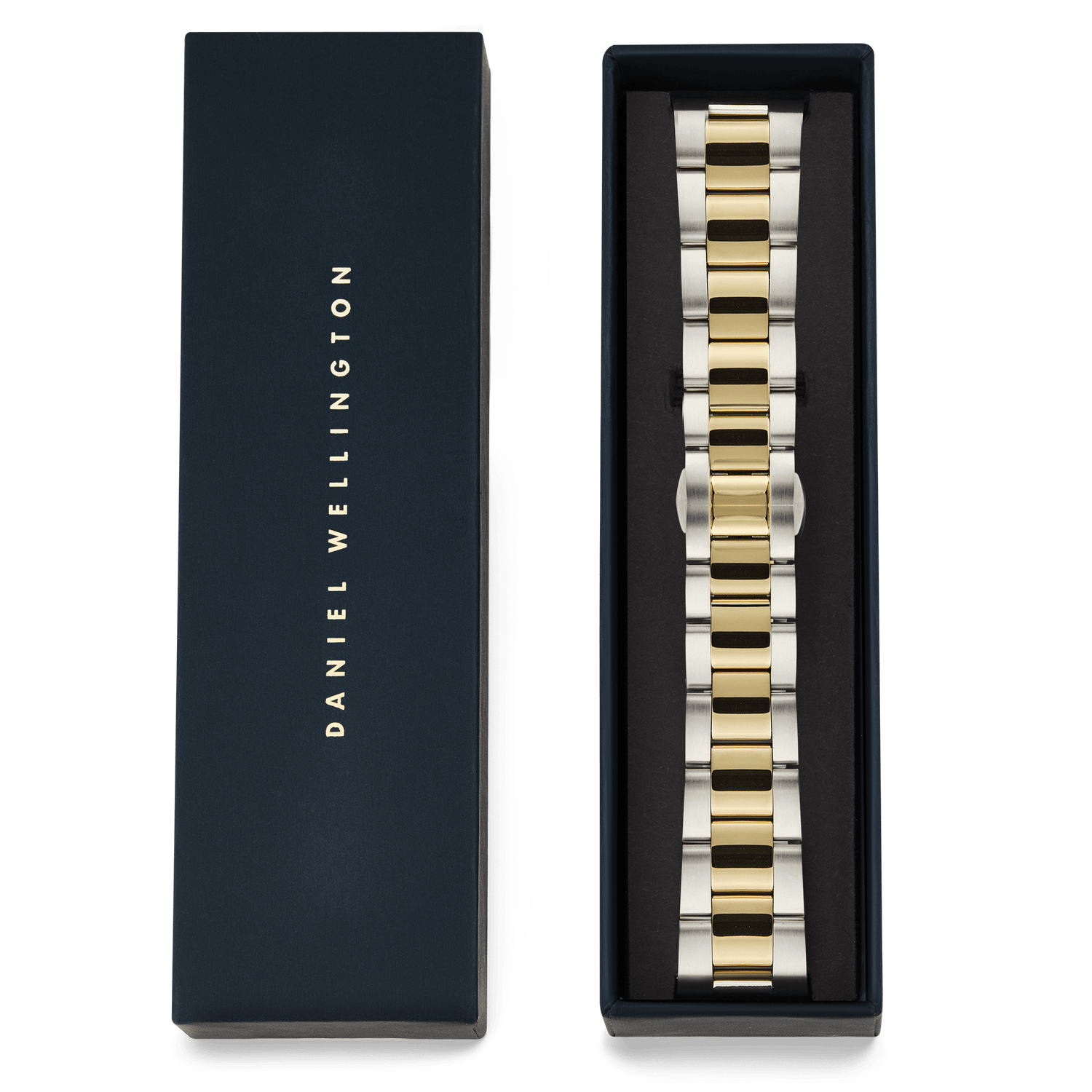 Daniel Wellingtonのネイビーのギフトボックスに収められたSmartwatch Iconic Linkツートンブレスレット。ボックスの蓋にはゴールドのブランドロゴがあしらわれ、内側にはシルバーとゴールドの3連リンクブレスレットが丁寧にセットされています。贈り物にぴったりの上品なパッケージです。