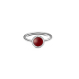 ダニエルウェリントン Audrey Ring Red Agathe Silverの正面プロダクトショット。ドーム型にカットされた深みのある赤メノウを中央にセットし、ホワイトキュービックジルコニアのハローが淡い輝きを添える細身のシルバーリングです。