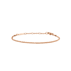Daniel Wellington Twisted Chain Braceletのローズゴールドモデル全体像です。繊細にねじられたチェーンの質感に加え、ブランドロゴが刻印されたプレートや、アジャスターチェーン付きのロブスタークラスプが確認できます。