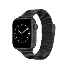 Daniel Wellington Smartwatch Strap Sandblasted Mesh BlackをApple Watchに装着した製品画像です。サンドブラスト加工によるマットなブラックのメッシュ編みと、ブラック仕上げのバックルが確認できます。