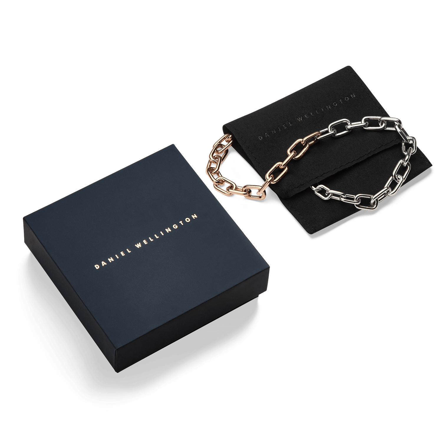 Daniel WellingtonのContrast Link Necklaceは、ネイビーのギフトボックスとブラックのジュエリーポーチに収められています。ローズゴールドとシルバーのツートンカラーが、贈り物にぴったりの上品な仕上がりです。