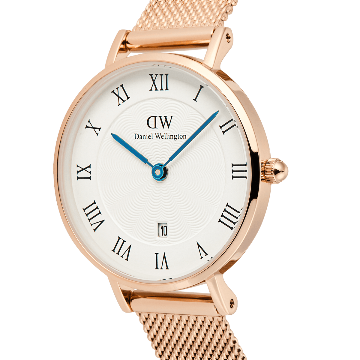 Petite Roman Numerals Date Rose Goldのダイヤルをクローズアップで捉えた画像です。ギョーシェ模様の繊細な陰影、ローマ数字のインデックス、IPブルー仕上げの時分秒針、6時位置の日付窓、そしてローズゴールドケースのリューズが確認できます。