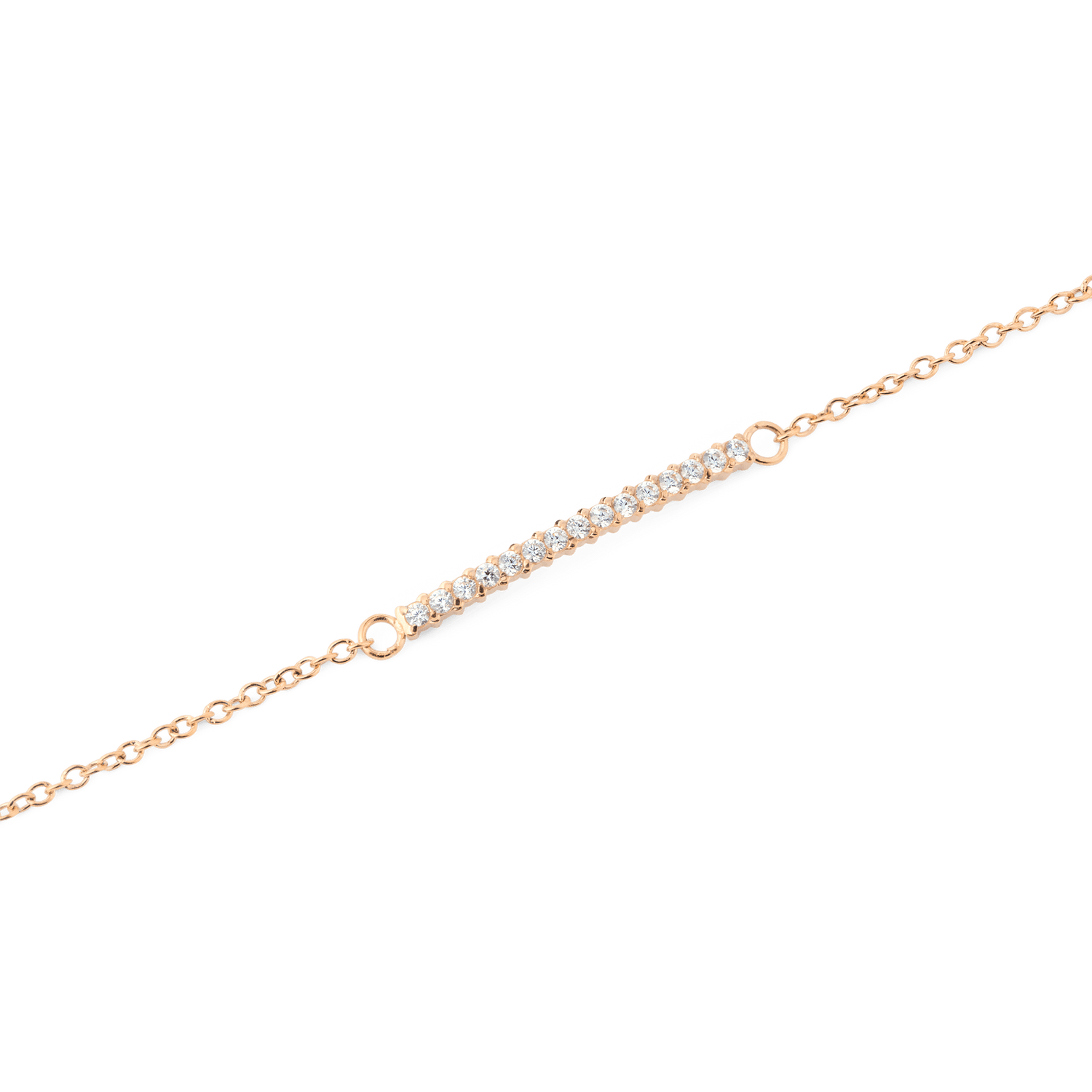 Mirelle Eternity Bracelet Rose Goldのバー部分をクローズアップした画像です。爪留めで一列に並んだホワイトキュービックジルコニアの繊細な輝きと、ローズゴールドの細やかなチェーンリンクが美しく映えています。
