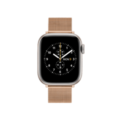 ローズゴールドのメッシュストラップを装着したApple Watchの全体像です。ブラックのクロノグラフ風文字盤とローズゴールドの細やかなメッシュ編みが調和し、スマートウォッチに上品な印象を添えています。