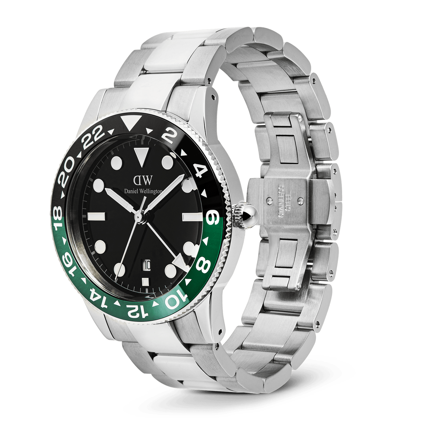 ダニエルウェリントン Iconic GMT Link Black Green Ceramic Bezel Silverを横から撮影した画像です。ブラックからグリーンへとグラデーションを描くセラミックベゼルの色合いや、ブラッシュ仕上げのリンクブレスレットに刻まれた「STAINLESS STEEL」の刻印、両サイドプッシュ式のバタフライバックルのディテールが確認できます。