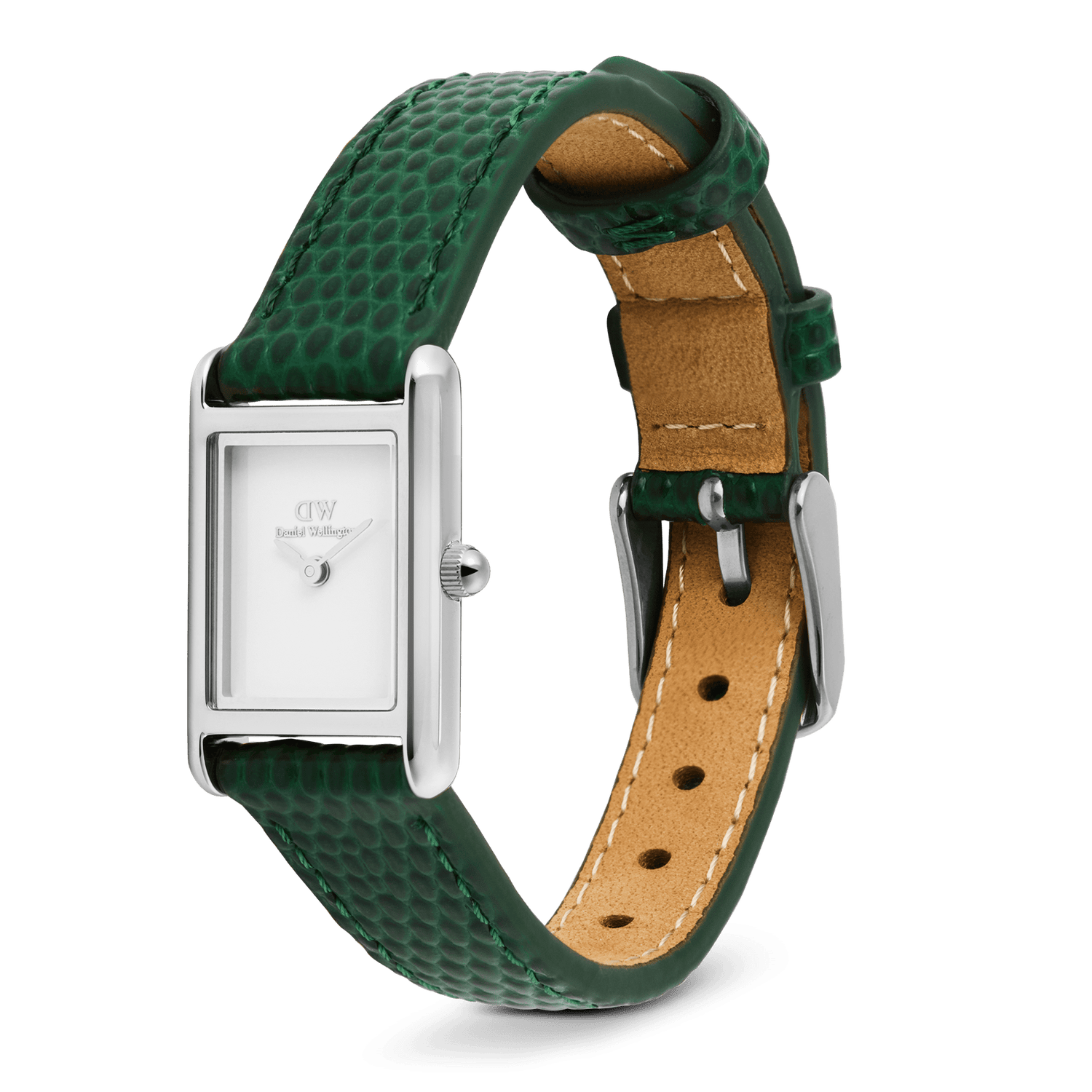 Bound Mini Green Lizard Silverを斜めから撮影した画像です。グリーンのリザード型押しレザーストラップの表面の凹凸や、キャメルカラーの裏地、ホワイトステッチのディテールが確認できます。シルバーのピンバックルとコンパクトな長方形ケースのバランスも際立っています。