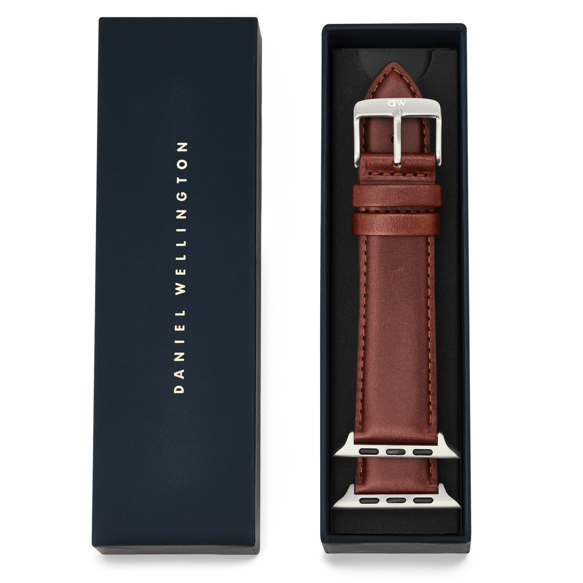 Daniel Wellington専用ボックスに収められたSmartwatchレザーストラップ St Mawesの全体画像です。ネイビーカラーのギフトボックスと、ブラウンのレザーストラップが並んでいます。ストラップのステッチやシルバーのApple Watch用アダプターも確認できます。