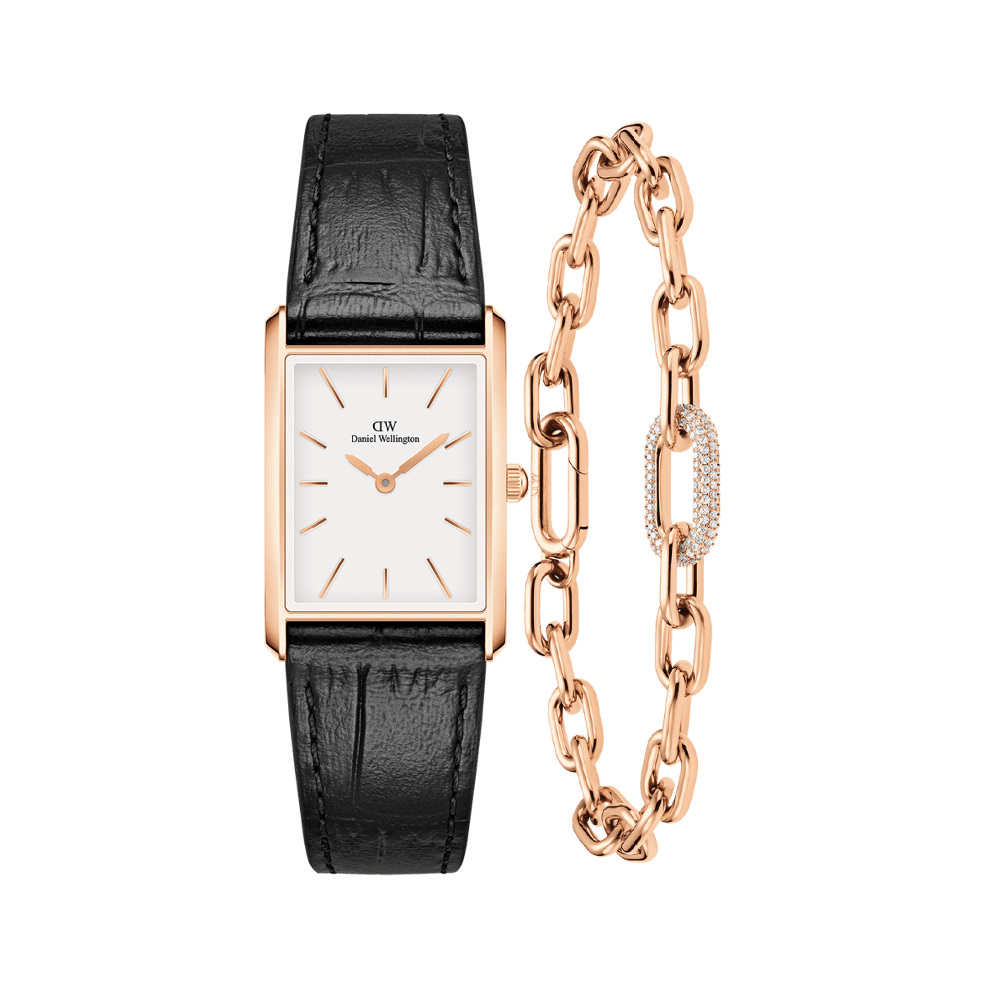 Bound Black Crocodile & Crystal Link Bracelet Rose Gold | DW