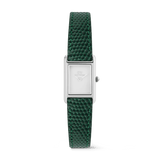 Daniel WellingtonのBound Mini Green Lizard Silverです。シルバーの長方形ケースにホワイト文字盤、深みのあるグリーンのリザード型押しレザーストラップが特徴のミニサイズ腕時計です。